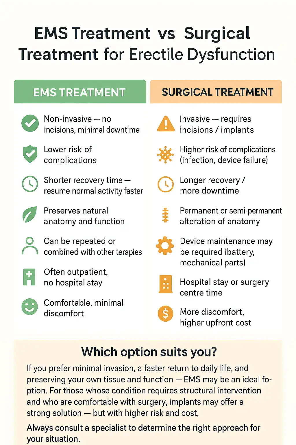 A table showing the benefits of EMS chair for erectile dysfunction treatment Southend-on-Sea compared to surgery.